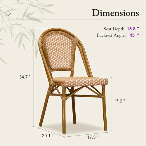 Miniatura 2 de PURPLE LEAF Juego de 1 silla de comedor al aire libre, marco de aluminio francés en acabado de bambú con ratán tejido ámbar y blanco para cocina