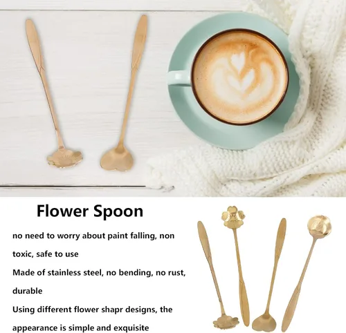 Miniatura 5 de Cuchara agitadora, 4PCS cuchara mezcladora de flores en forma de corazón cuchara de café de acero inoxidable cuchara de desierto cuchara de té