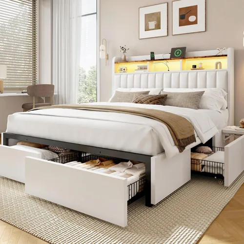 Miniatura 11 de BRELTAM Base de cama Queen con cabecero, 4 cajones de almacenamiento y escritorio ajustable integrado, estación de carga, fácil montaje, no necesita