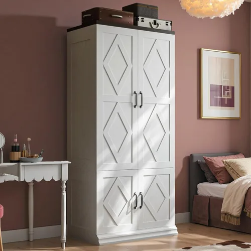 ANCTOR Armario con puertas, armario de madera de 71 pulgadas de alto con 5 estantes de ropa, barra colgante para ropa, armario de almacenamiento