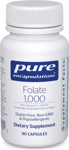 Pure Encapsulations Folate 1000 - Metafolin L-5-MTHF - Suplemento para la salud del corazón* - Suplemento de folato - Sin OGM y sin gluten - 90