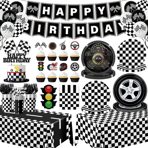 Juego de vajilla de 187 piezas para decoración de fiesta de cumpleaños de coche de carreras, incluye platos de fiesta de autos de carreras y