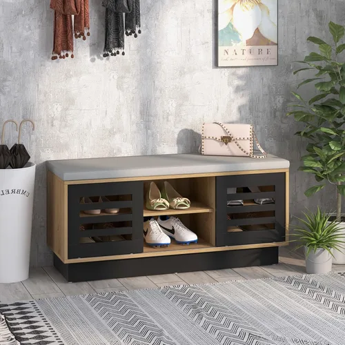 Giantex Banco de almacenamiento de zapatos de entrada, zapatero con cojín de asiento y 6 compartimentos de almacenamiento, 2 puertas correderas y 3