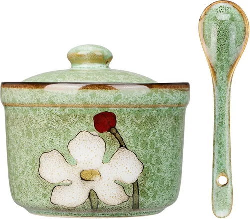 Miniatura 11 de Azucarero de cerámica hecho a mano con tapa y cuchara, tarro de condimento de porcelana de 9 onzas con diseño floral pintado a mano, recipiente