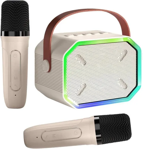 Miniatura 9 de Máquina de karaoke para niños y adultos, mini altavoz Bluetooth portátil con 2 micrófonos inalámbricos, luces LED para TV, regalos para niñas y Azul