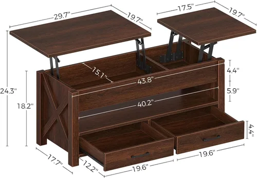 Miniatura 3 de Seventable - Mesa de café, mesa de centro con elevación de 47.2" con 2 cajones de almacenamiento y compartimento oculto, mesa central de granja
