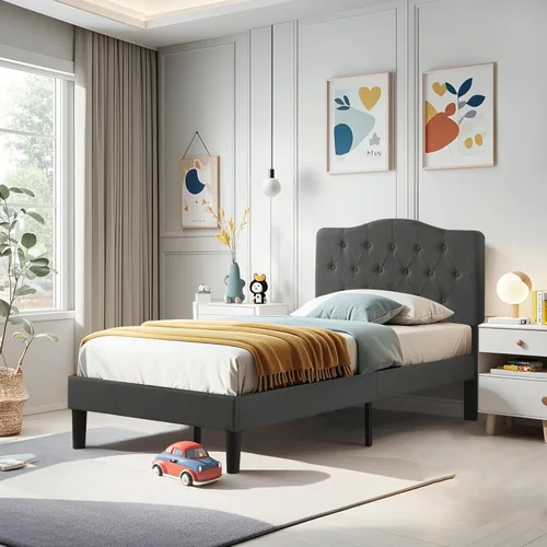 Miniatura 3 de VECELO Armazón de Cama Tamaño Individual Plataforma Tapizada con Cabecera Ajustable Acolchada/Base de Colchón con Soporte de Listones de Madera, Gris
