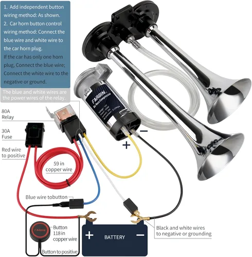 Miniatura 6 de FARBIN - Bocina de coche de 12 V, 150 dB, bocina de aire súper fuerte, bocinas de aire de doble trompeta de zinc cromado, bocina de camión con arnés