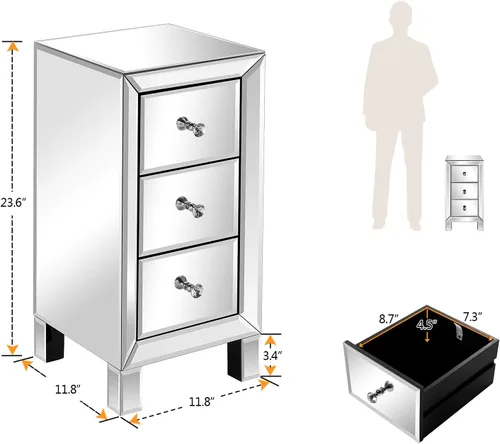 Miniatura 3 de VINGLI Mesita de noche con espejo con 3 cajones, mesa auxiliar plateada con espejo para espacios pequeños, dormitorio, sala de estar