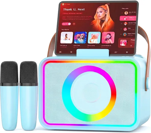 Miniatura 10 de Máquina de karaoke, altavoz Bluetooth portátil con 2 micrófonos inalámbricos para adultos y niños con luces LED, micrófono de karaoke, compatible