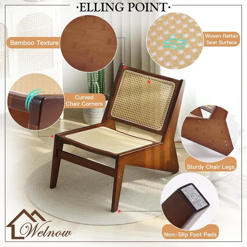 Miniatura 3 de Welnow Silla decorativa de ratán de mediados de siglo, silla de salón de madera de bambú con respaldo de caña tejida, sillón bajo para sala