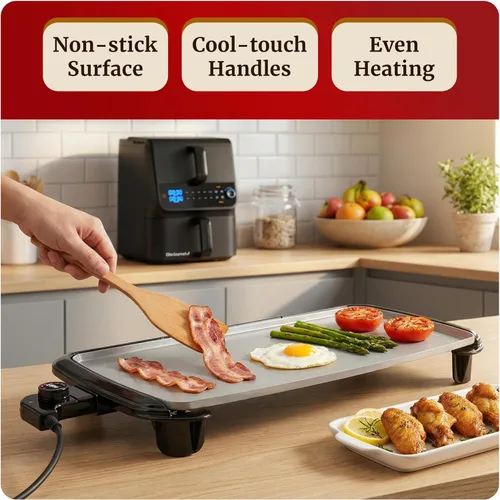 Miniatura 2 de Elite Gourmet Plancha eléctrica de 10 x 20 pulgadas, superficie antiadherente Ceralast™ de cerámica grande sin PFAS, asas de tacto frío, termostato