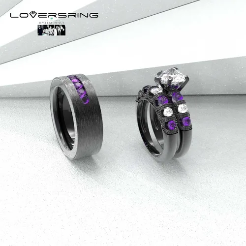 Miniatura 32 de Conjunto de dos anillos de boda para él y para ella, anillos para parejas. Anillos de compromiso para novia en acero inoxidable chapado en oro Blanco