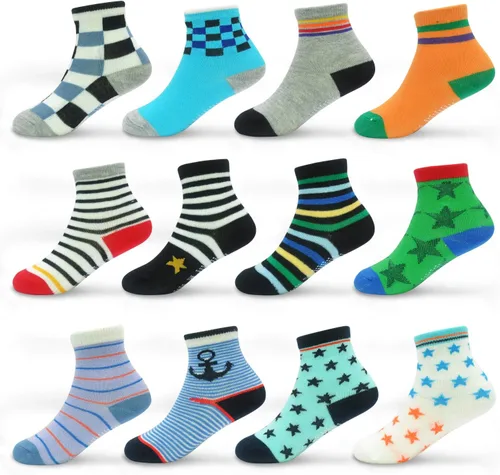 Calcetines SkiBeaut para niño, 12 pares de calcetines antideslizantes para niño, calcetines de algodón con adherencia para niños de 1-3 3-5 5-7