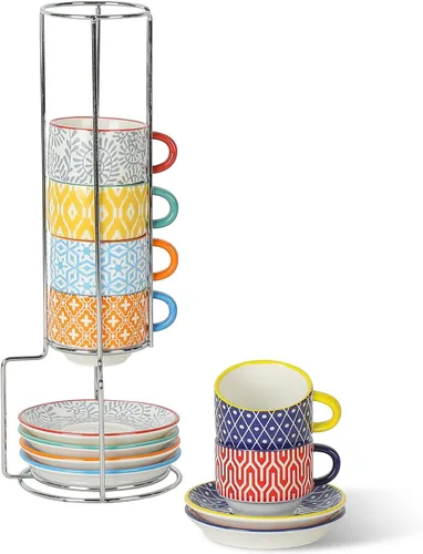 Miniatura 6 de Selamica Tazas de café expreso de cerámica con platillos y soporte de metal, tazas demitasse apilables de 2.5 onzas para café expreso, latte, café