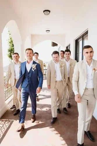 Miniatura 7 de HUUTOE Trajes de lino de 2 piezas para hombre, ajuste delgado, casual, playa, boda, verano, novios, padrinos de boda, blazer de lino, pantalones