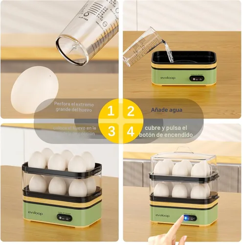 Miniatura 6 de Evoloop Olla de Huevos Eléctrica de Cocción Rápida para 12 Huevos, para Huevos Blandos, Medianos, Duros, Escalfados, Fabricante de Tortillas, Huevos