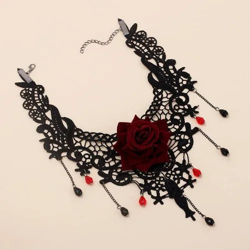 Miniatura 5 de Gargantilla gótica de encaje negro rosa roja para mujer, Zinc, No es una piedra preciosa