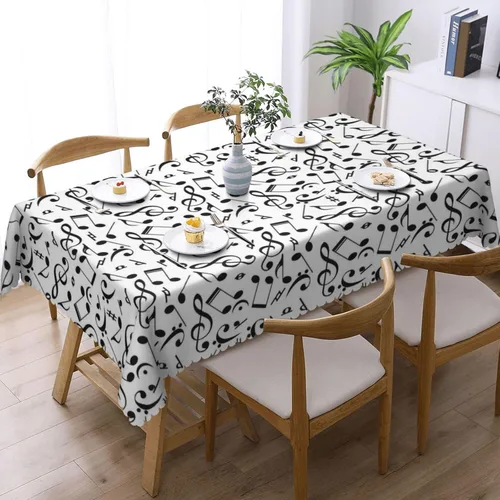 Miniatura 5 de Mantel rectangular con temática musical, notas musicales, 54 x 72 pulgadas, borde de encaje ondulado, mantel de poliéster para comedor, cocina