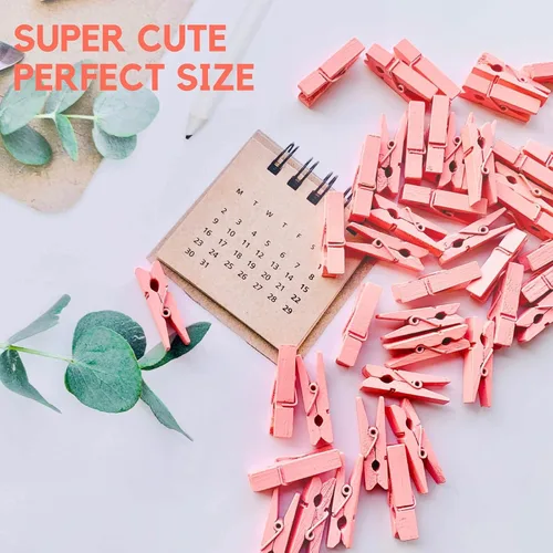 Miniatura 9 de Pinzas para la ropa, color rosa, 100 pinzas pequeñas de madera para fotos con cordel de yute, pequeño clip para papel fotográfico, ideal para baby