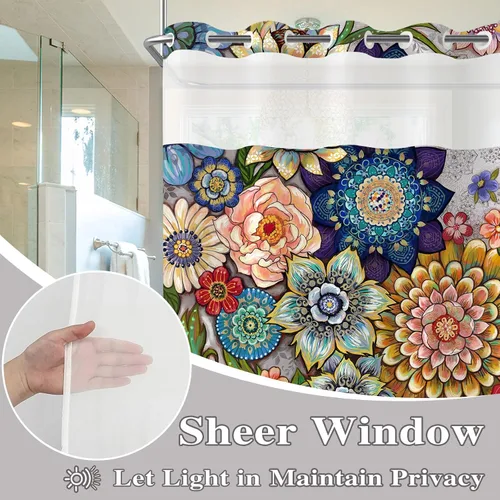 Miniatura 3 de Neasow Cortina de ducha sin gancho con forro a presión, cortinas de tela floral bohemia con forro interior impermeable con imanes ponderados