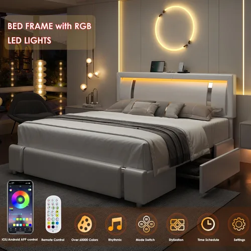 Miniatura 7 de Keyluv Marco de Cama Queen con Cabecero de Luces LED RGB y 2 Cajones de Almacenamiento, Plataforma Inteligente Moderna Tapizada de Cuero Sintético