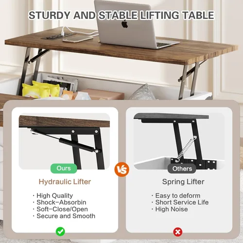 Miniatura 4 de BROTTAR - Mesa de centro con superficie elevable y almacenamiento, mesa cuadrada para sala de estar con puertos de carga, mesa de comedor