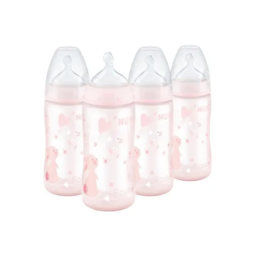 NUK Smooth Flow - Biberón anticólico, 5 onzas, paquete de 4, conejitos rosados, 4 unidades (paquete de 1)