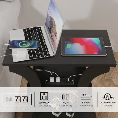 Miniatura 4 de FROMJBEST - Mesa auxiliar con estación de carga; mesa de lado con puertos USB y tomas de corriente; mesa de noche de sofá de 3 niveles para espacios