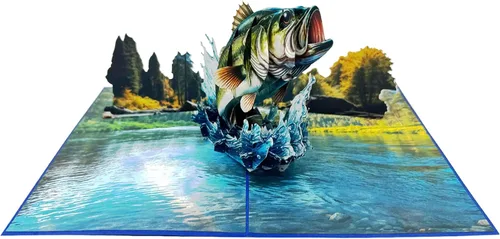 Miniatura 2 de Bass Fish - Tarjeta de felicitación emergente 3D Diseño de tarjeta de cumpleaños emergente hecha a mano simbólica para cumpleaños, aniversarios