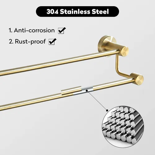 Miniatura 6 de BATHSIR Toallero de baño doble de oro cepillado ajustable, 14.56 a 27.55 pulgadas, toallero de montaje en pared para baño, colgador de toallas