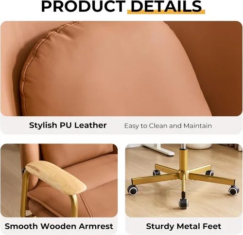 Miniatura 7 de Furniliving Sillas de oficina de cuero, silla de oficina dorada, silla giratoria ajustable para computadora con patas doradas y reposabrazos Marrón