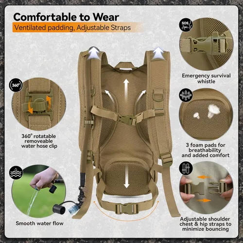 Miniatura 4 de MARCHWAY Mochila de Hidratación Táctica Molle con Vejiga de Agua de TPU de 2.5L, Mochila Militar Organizada de Perfil Bajo para Senderismo, Canela