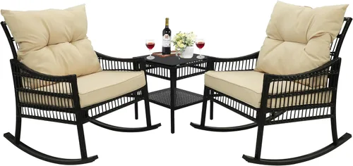 Miniatura 2 de MUPATER Mecedora de 3 piezas para exteriores, juego de mimbre con mesa y cojines, juego de bistró de ratán para patio, porche, beige
