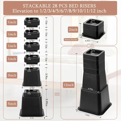 Miniatura 2 de 28 PCS Elevadores de Cama Ajustables de 12 Pulgadas Resistentes, Elevadores de Muebles con Elevación en Alturas de 1, 2, 3, 4, 5, 6, 7, 8, 9, 10