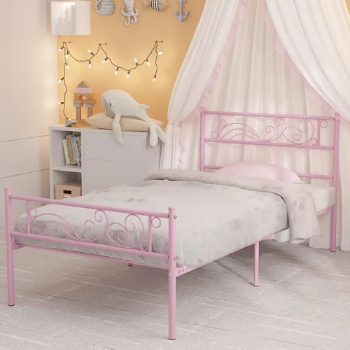 Miniatura 3 de Weehom Marco de cama de metal individual con almacenamiento, no necesita somier, listones de acero resistentes para niños, niñas, adolescentes, Rosa