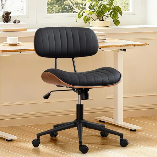 Miniatura 8 de Silla de oficina para el hogar Newnno con ruedas, silla de escritorio de altura ajustable de cuero giratoria, silla moderna sin brazos de nogal