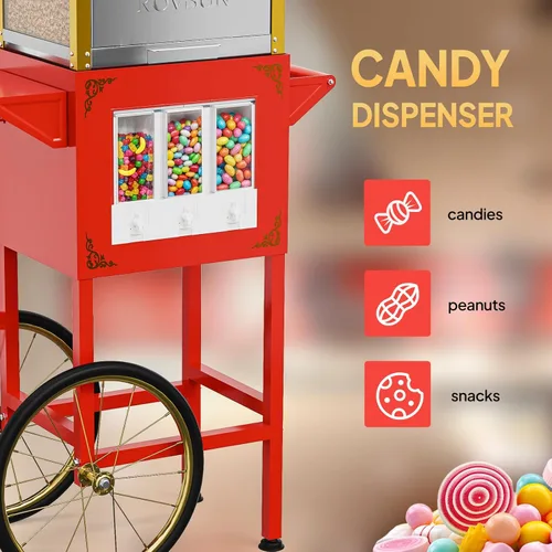 Miniatura 3 de Máquina de palomitas de maíz ROVSUN con carrito, ruedas y hervidor de 10 onzas que hace hasta 4 galones, máquina de palomitas con dispensadores
