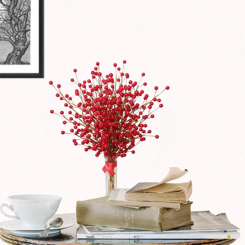 Miniatura 2 de Larksilk Púas de tallo de bayas de acebo rojo – 35 bayas, detalles navideños de 17 pulgadas para coronas y decoración, 3 piezas Faux berry