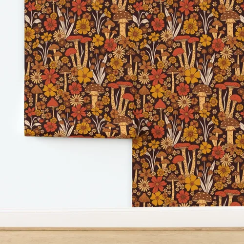 Miniatura 4 de Spoonflower Papel tapiz de despegar y pegar - flor de estilo vintage, retro floral, hippie de los años 70, hongo de los años 70, marrón naranja