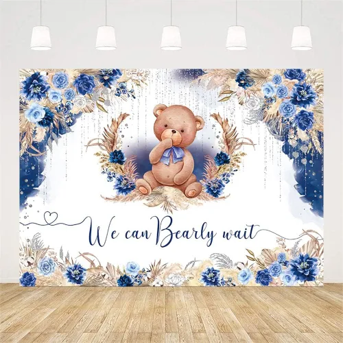 Miniatura 2 de AIBIIN Telón de fondo bohemio para baby shower de 10 x 7 pies para niño, We Can Bearly Wait Oh Baby, fondo de fotografía de flores azul real, hierba