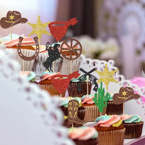 Miniatura 4 de Rsstarxi Paquete de 30 adornos de vaquero para cupcakes con purpurina para zapatos de caballo de vaquero, botas, pistola, temática occidental