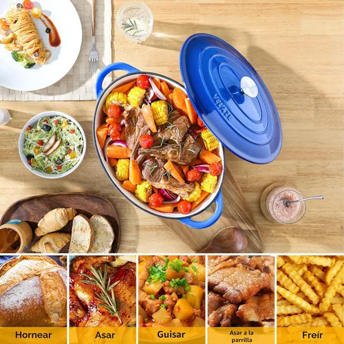 Miniatura 5 de Velaze Olla de horno holandés ovalada esmaltada de 7.5 cuartos de galón con tapa, horno holandés de hierro fundido con doble asa para hornear pan
