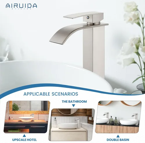 Miniatura 5 de Airuida Grifo de lavabo de recipiente alto, cascada de un solo agujero, grifo de baño, grifo mezclador de un solo agujero, grifo de lavabo