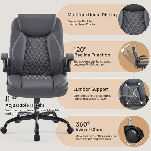 Miniatura 7 de YFO Silla de oficina de cuero, silla ergonómica de escritorio de oficina en casa, silla de oficina ejecutiva giratoria con soporte trasero con Gris