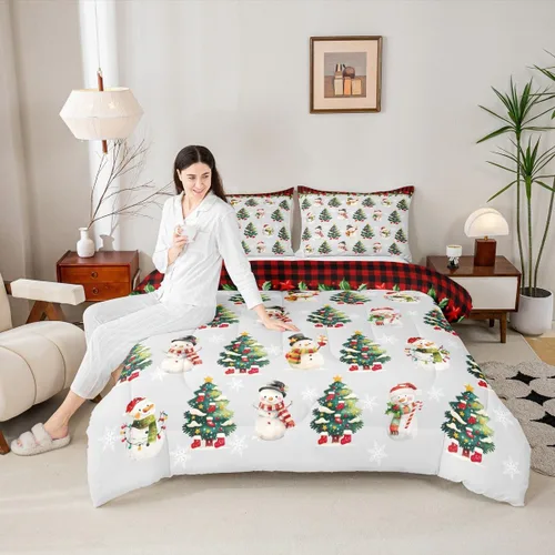 Miniatura 51 de Juego de edredón de Feliz Navidad para niños, tamaño twin, juego de ropa de cama de camión rojo árboles de pino copos de nieve, decoración