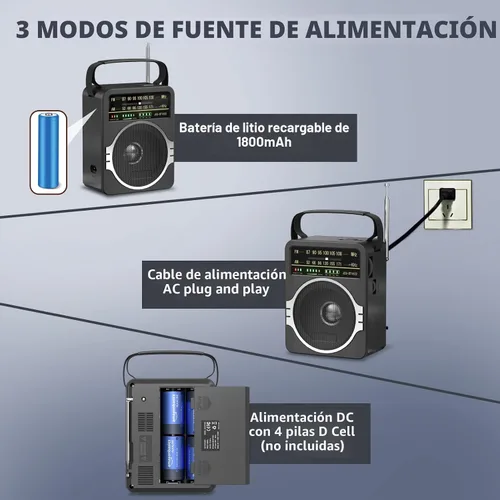 Miniatura 4 de JEUJUG Radio AM FM portátil, Radio Bluetooth 5.0 de 5 Watts con altavoz, Radio FM con batería recargable incorporada/Batería DC D*4 de celdas
