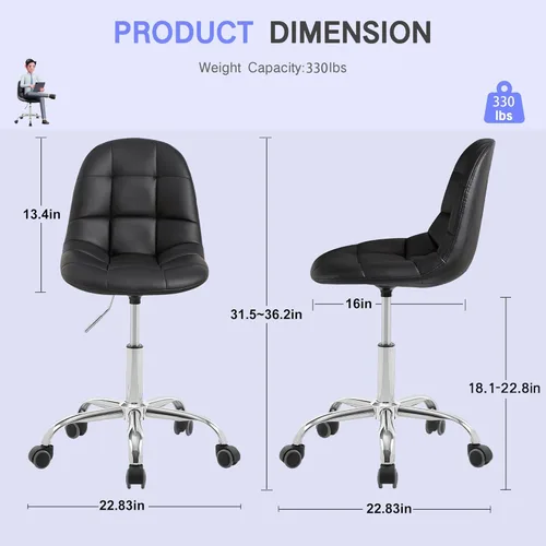Miniatura 2 de VECELO Silla de escritorio suave, asiento de tocador elegante y casual, sin brazos con cómodo soporte lumbar, cuero PU ajustable en altura, giro