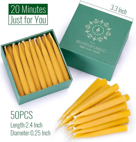 Miniatura 2 de Velas de cera de abeja pura de 20 minutos, velas de meditación sin goteo, mini velas cónicas, juego de 50 sin portavelas de latón 50