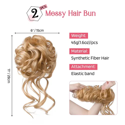 Miniatura 2 de HOOJIH 2 piezas de moño despeinado, recogido despeinado con mechones, extensiones de moño de cabello ondulado rizado, envoltorio de cabello, cola
